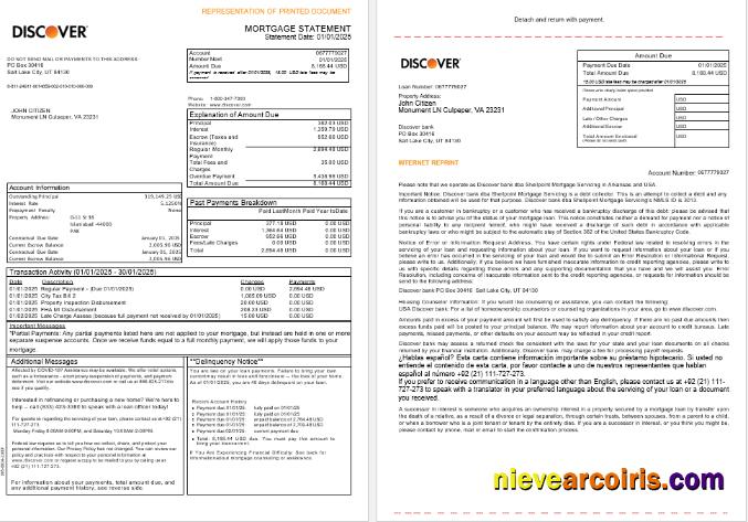 USA Discover bank mortgage statement, 3 pages 1-2